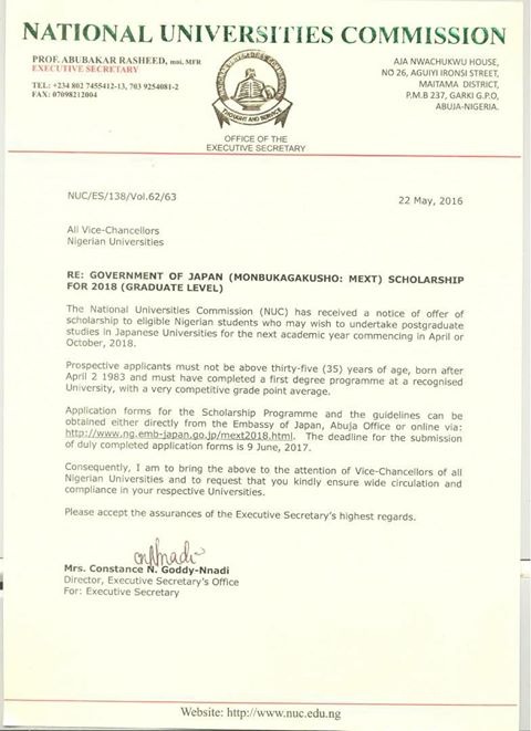 NUC Informs Nigerian Students On Japanese Government Scholarships, Apply Link Here
