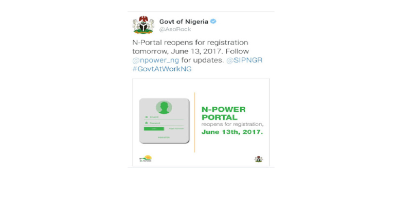 Nigerian Government Opens N-Power Portal For 2017 Fresh Application