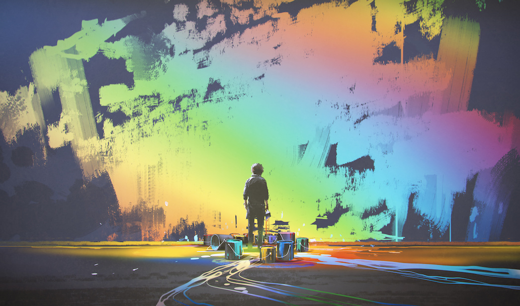 man paints colorful brush stroke in the air with magic brush, digital art style, illustration painting