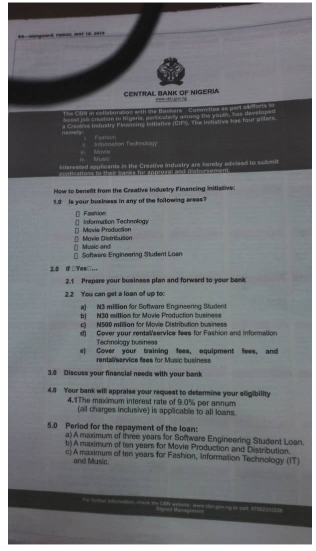 Explore the CBN Creative Industry Financing Initiative for Your Business – Up To N500 million 9% Interest Rate Loan