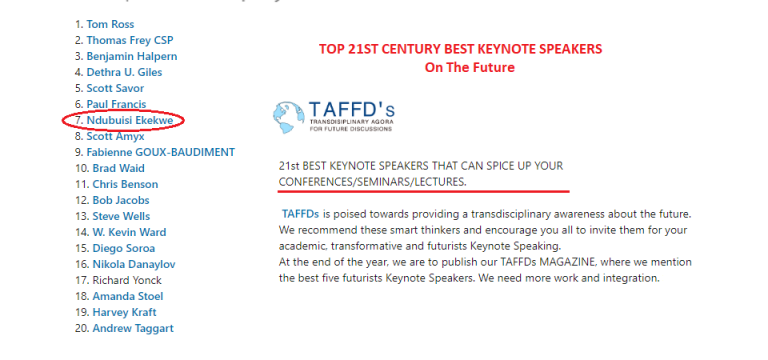 Ndubuisi Ekekwe Makes TAFFDs’ Top 20 Keynote Speakers on “transdisciplinary awareness about the future”