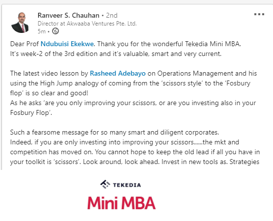 A Great Testimonial From Singapore On Tekedia Mini-MBA