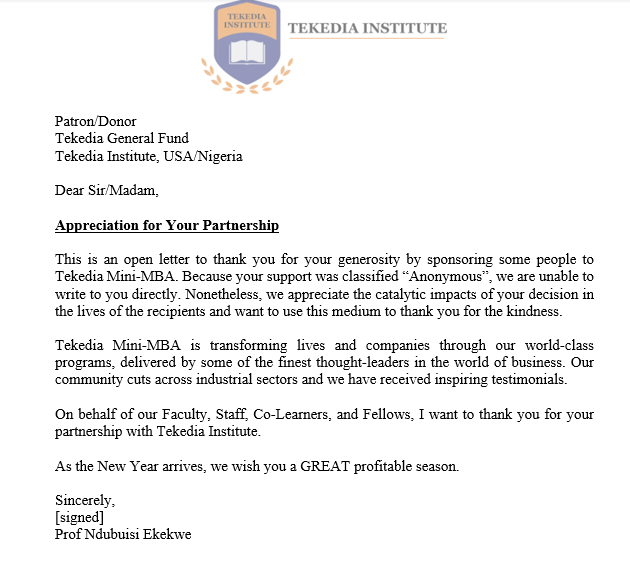 Thank You Tekedia Mini-MBA Donors and Patrons