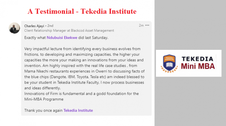 A Powerful Testimonial On Tekedia Mini-MBA: “Very impactful lecture…blessed to be your student”