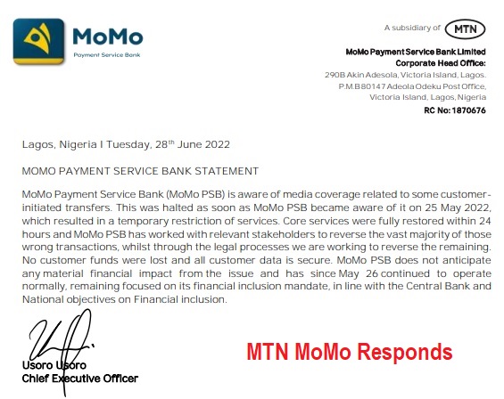 MTN MoMo Responds On N23bn ($55m) Customers’ Fund Lost in Erroneous Transactions