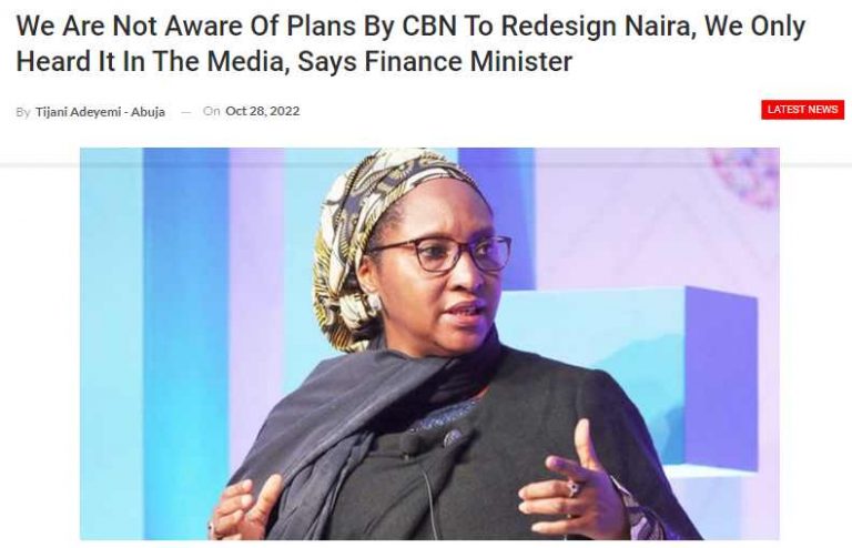 Nigeria’s Central Bank Did Not Tell the Finance Ministry of Plan To Redesign Naira