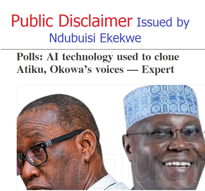 Public Disclaimer Issued by Ndubuisi Ekekwe