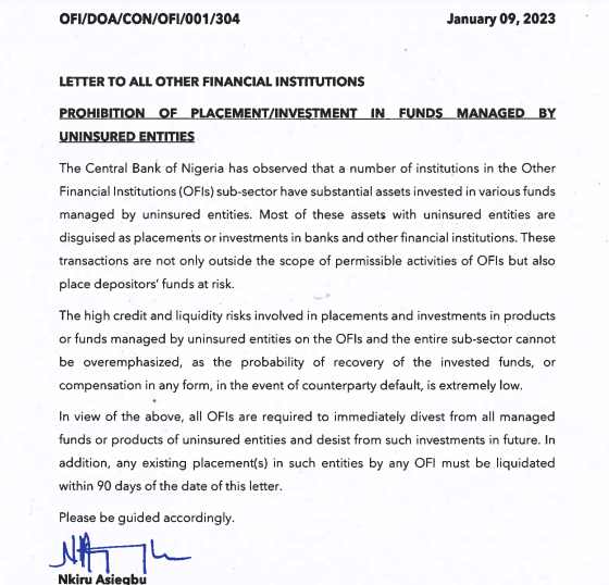 The CBN Circular on Placements in Uninsured Entities By OFIs in Nigeria
