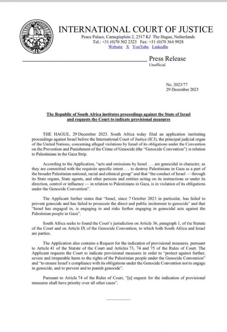 South Africa institutes Court proceedings against ISRAEL