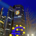 Bitcoin logo projected on European Central Bank in Frankfurt