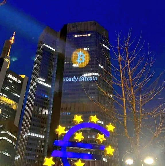 Bitcoin logo projected on European Central Bank in Frankfurt