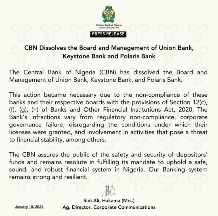 Nigeria Dissolves Board and Management of Polaris, Union and Keystone Banks