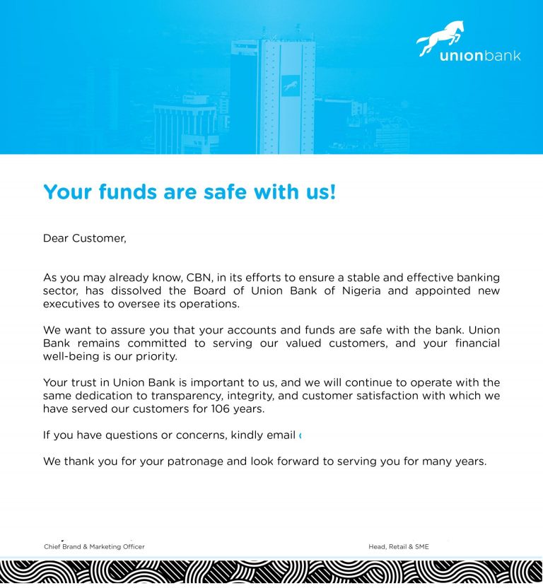 The Wise Message from Union Bank As New Management Takes Over