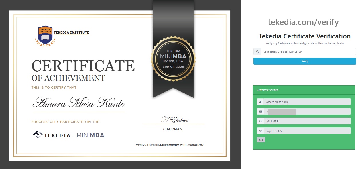 Document Your Tekedia Mini-MBA Journey: Request Your Verified Certificate