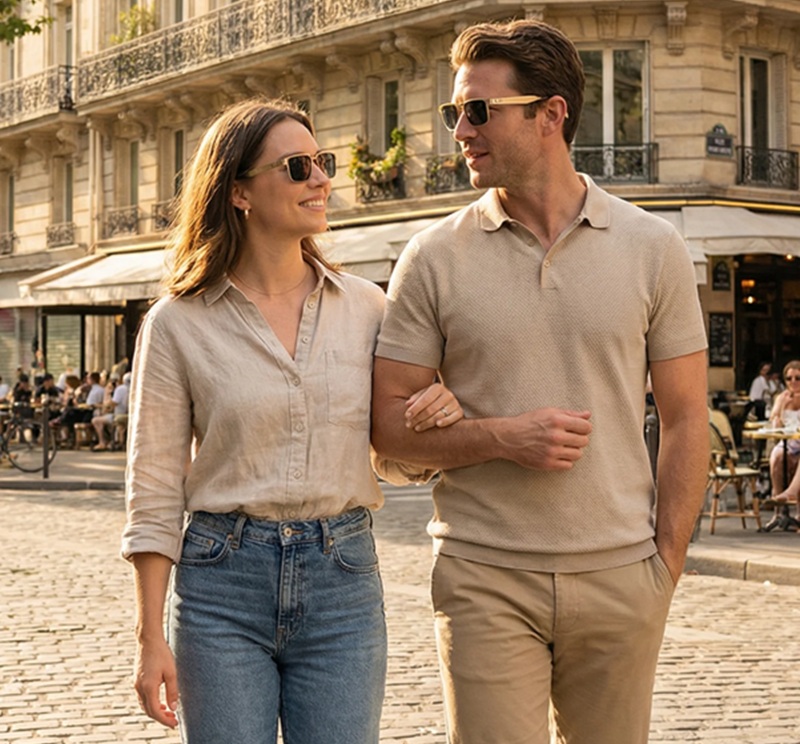 Dymesty titanium AI glasses worn by a couple during a city walk