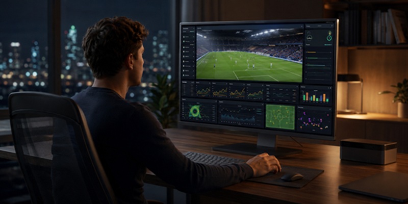 data on pc Person viewing betting data on a computer screen in a modern office at night.